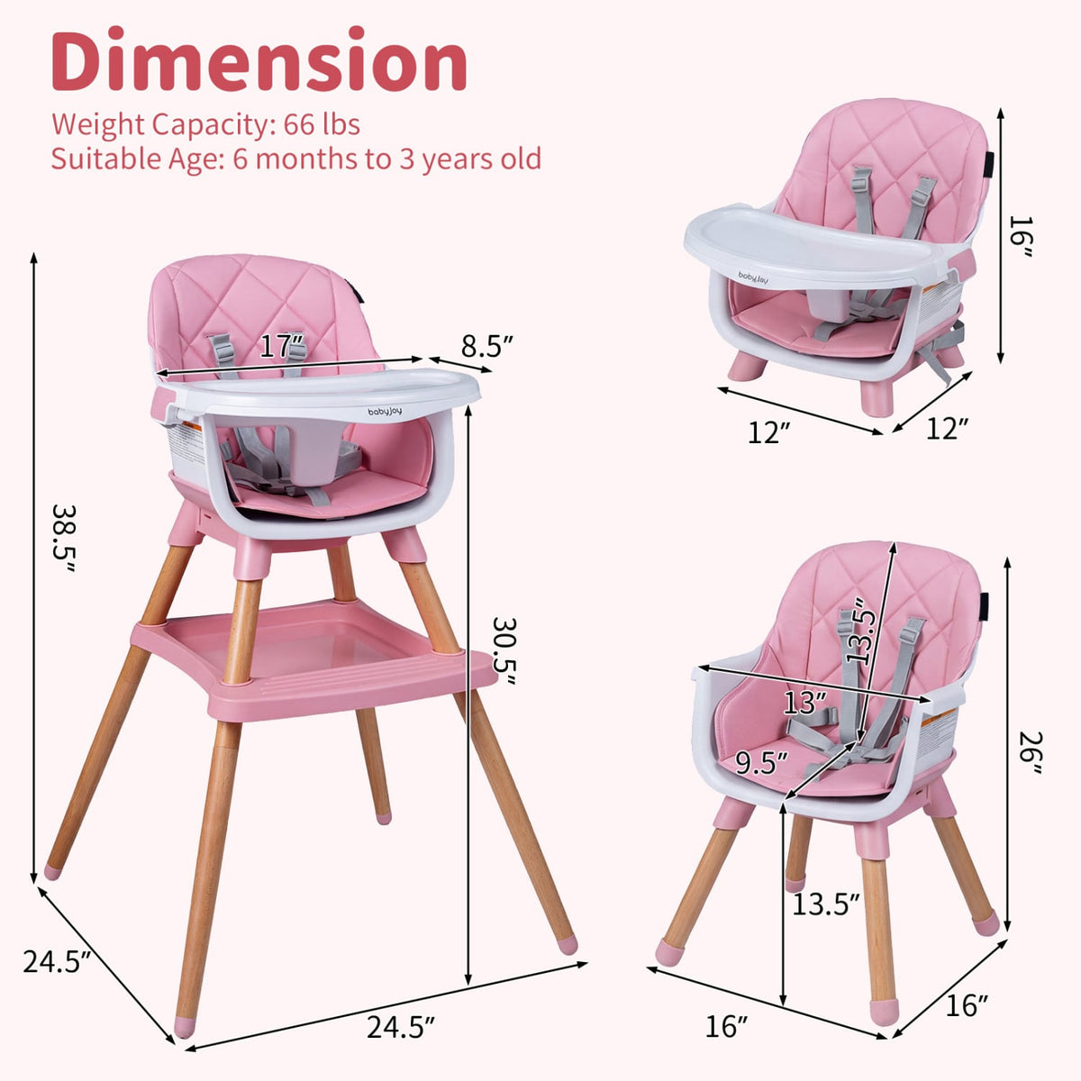 9-in-1 Convertible High Chair for Babies and Toddlers with Seat Cushion-Pink view 5
