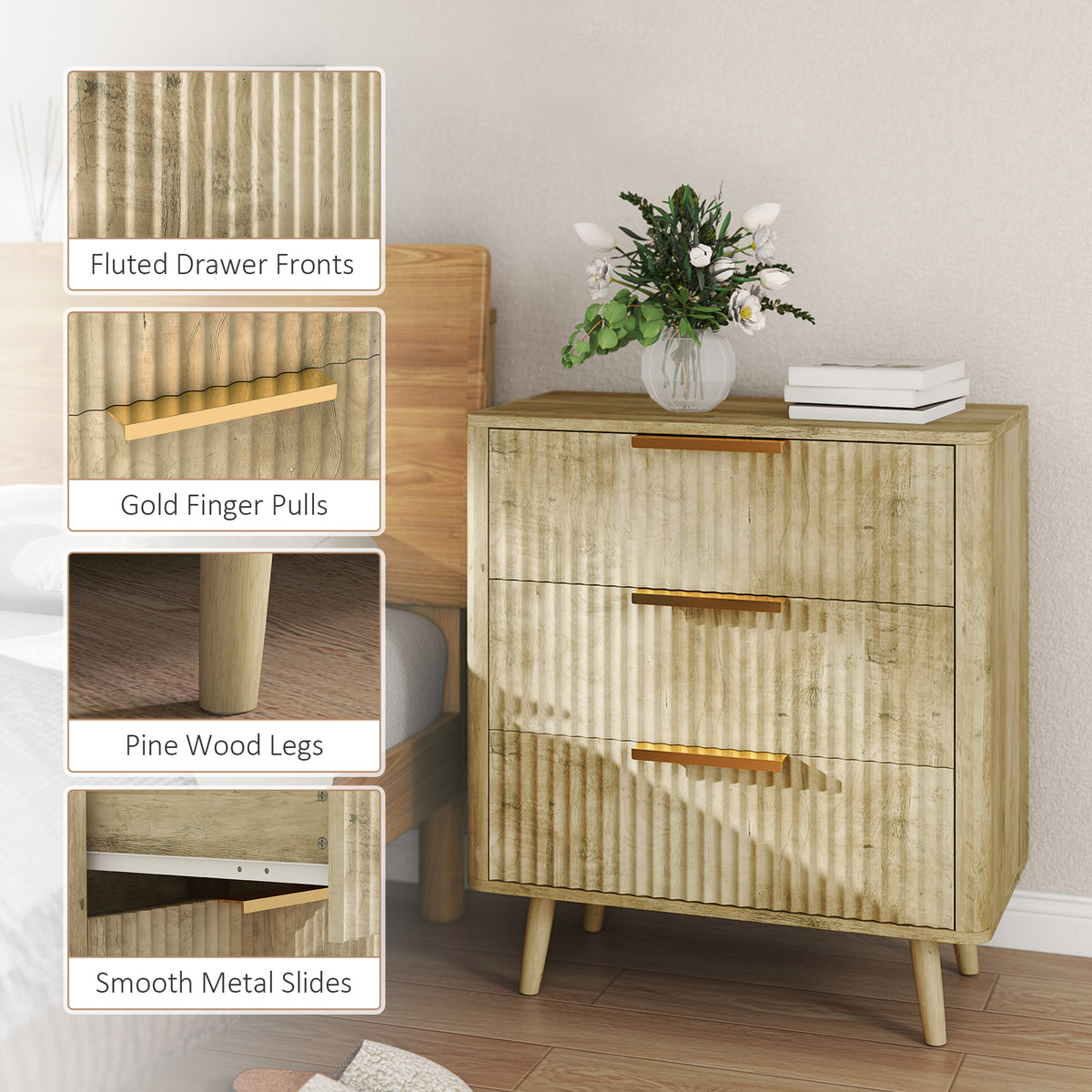 Fluted Chest of Drawers, Modern 3 Drawer Dresser with Pine Wood Legs, Finger Pulls for Closet, Living Room, Hallway, Oak