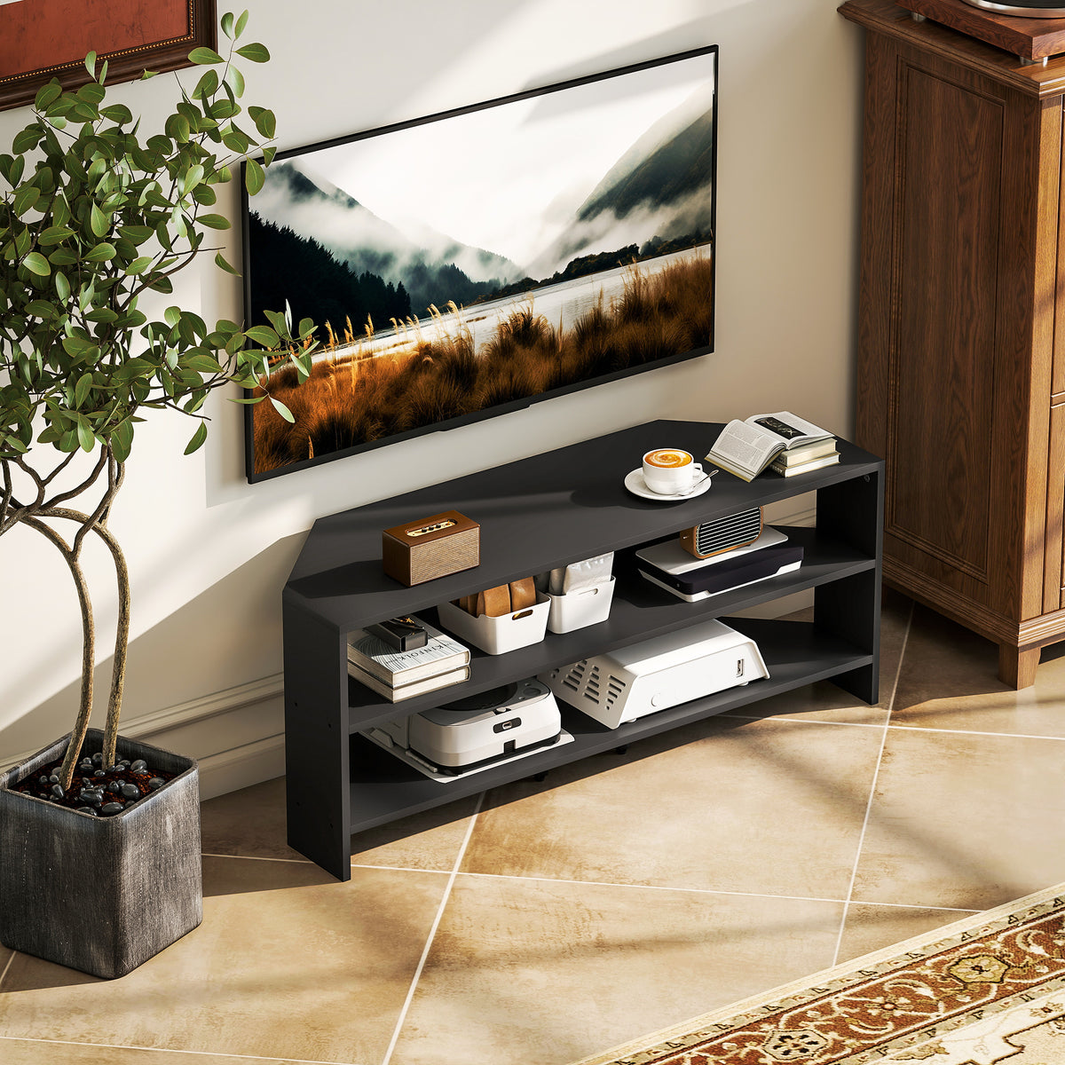 Corner TV Stand, Modern TV Table with 2 Open Shelves for 47 Inch TV, Entertainment Center for Living Room, Black