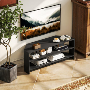 Corner TV Stand, Modern TV Table with 2 Open Shelves for 47 Inch TV, Entertainment Center for Living Room, Black