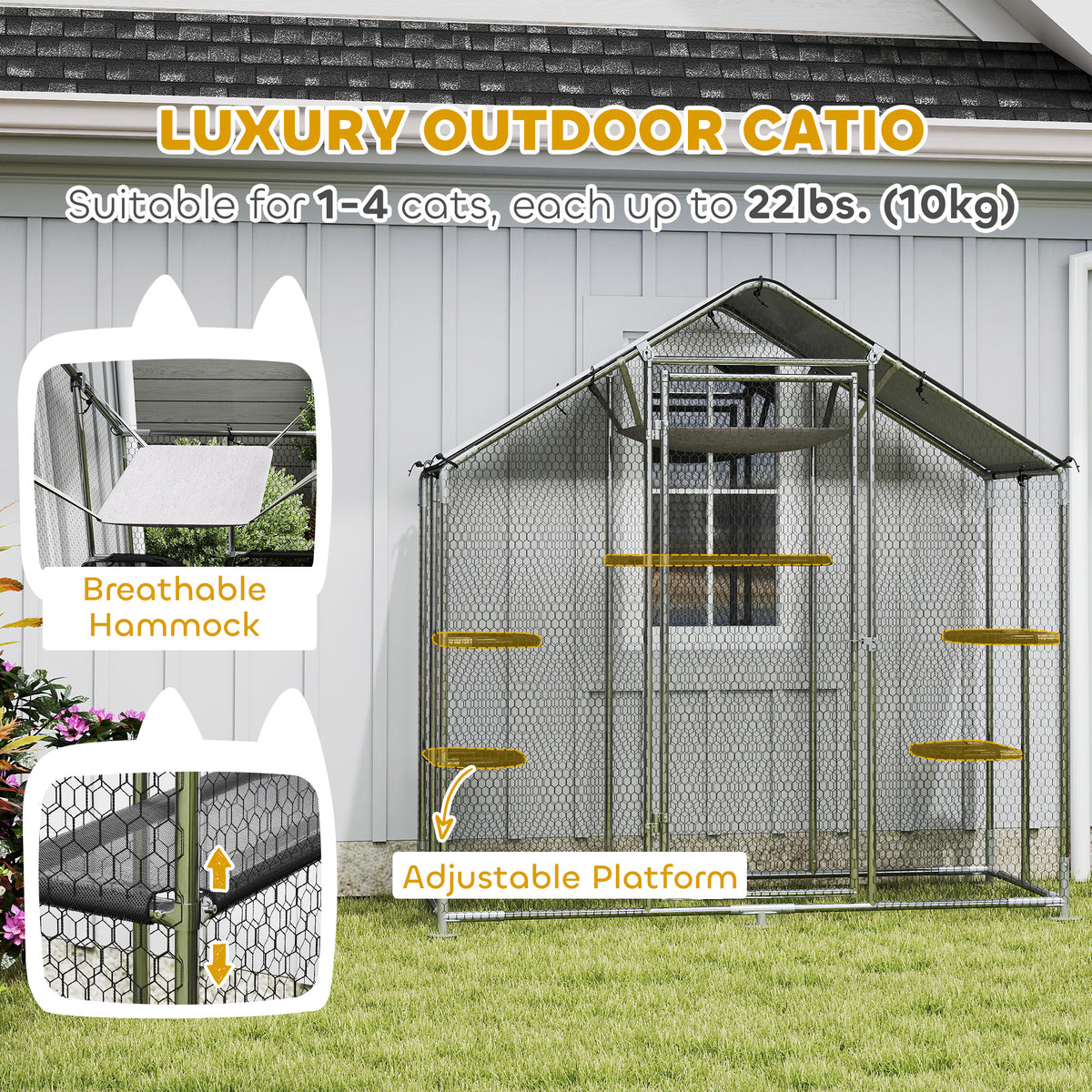 Large Catio Outdoor Cat Enclosure with Waterproof Cover, Walk-in Cat Patio w/ 5 Adjustable Platforms & Hammock 79" W