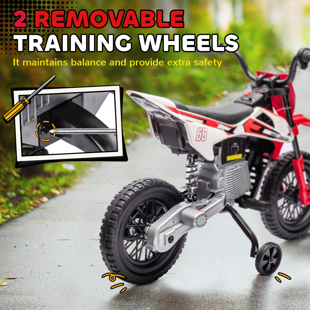 Qaba 12V Kids Dirt Bike, Electric Motorcycle with Twist Grip Throttle, Training Wheels, Rear Suspension & Music