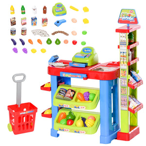 Qaba Kids Supermarket Playset with Cash Register – 50-Piece Grocery Store Pretend Play Toy with Checkout Counter for Boys & Girls Ages 3–6