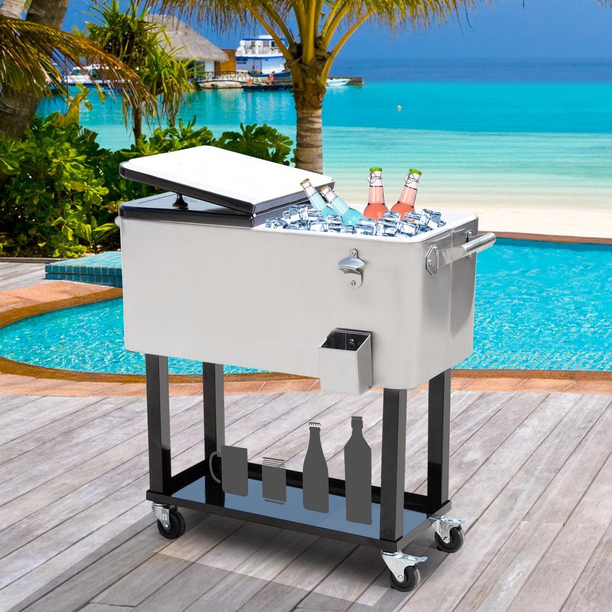 80 Quart Rolling Cooler Cart Ice Beer Beverage Cooling Bin for Outdoor Party, 35.4" x 15.4" x 32.7", Silver