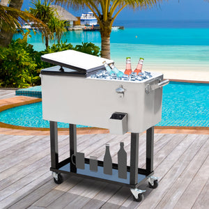 80 Quart Rolling Cooler Cart Ice Beer Beverage Cooling Bin for Outdoor Party, 35.4" x 15.4" x 32.7", Silver