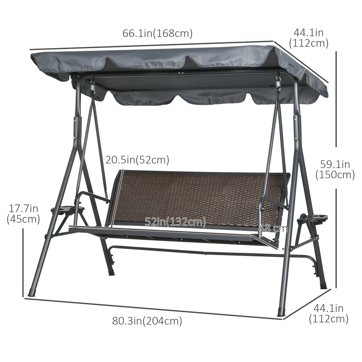 3-Seat Patio Swing Chair, Outdoor Canopy Swing Glider with Adjustable Shade, Rattan Seat and Steel Frame – view 6
