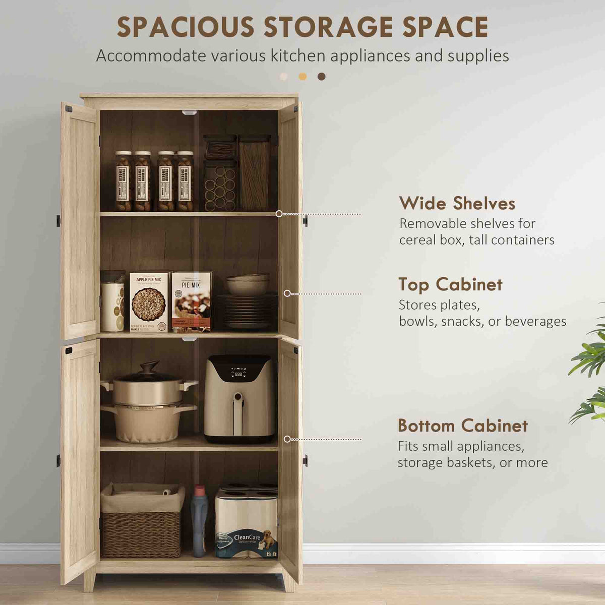 72" Freestanding Storage Cabinet, Kitchen Pantry Cabinet with Doors and Shelves for Dining Room, Natural – view 3