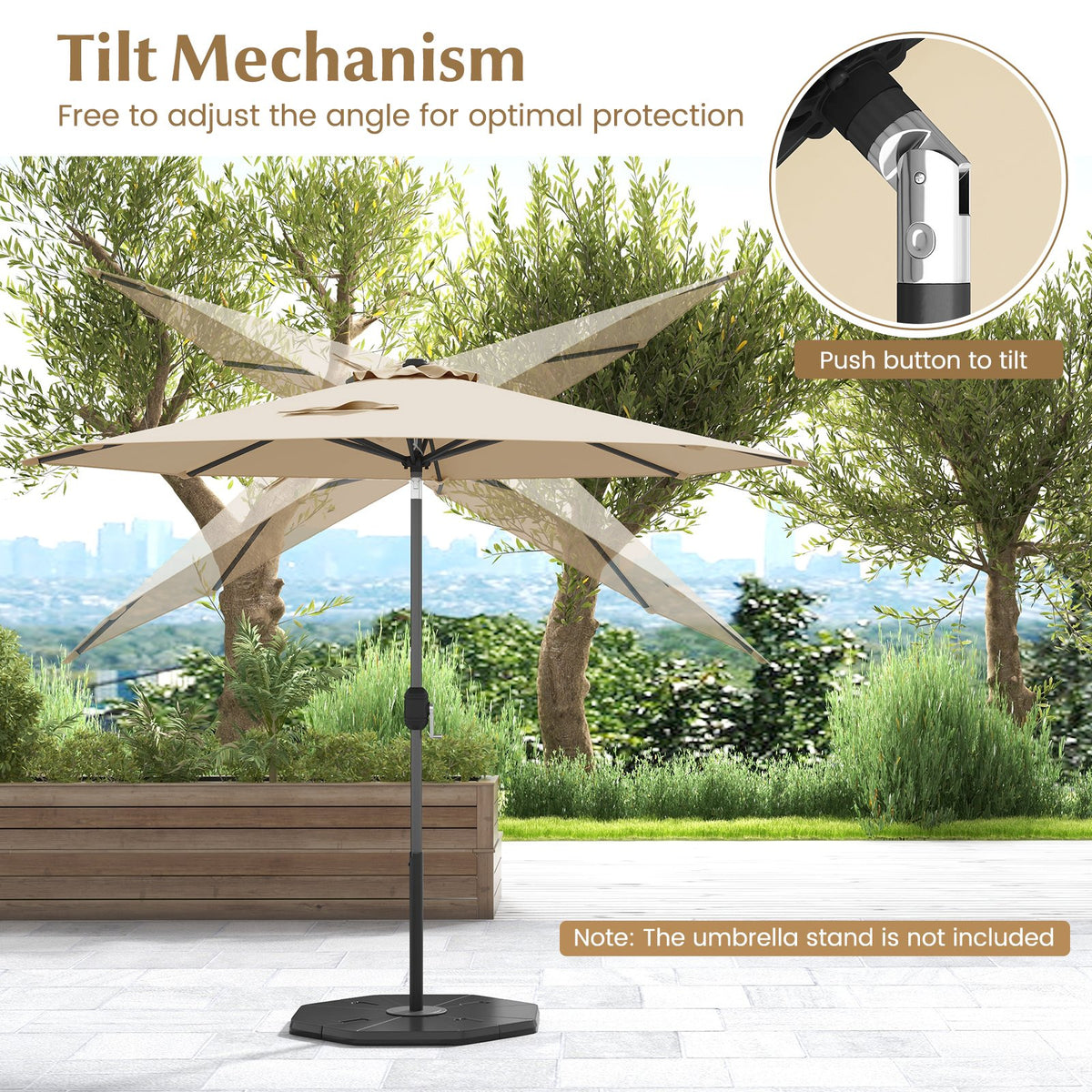 9 ft Outdoor Market Patio Table Umbrella Push Button Tilt Crank Lift-Beige view 9