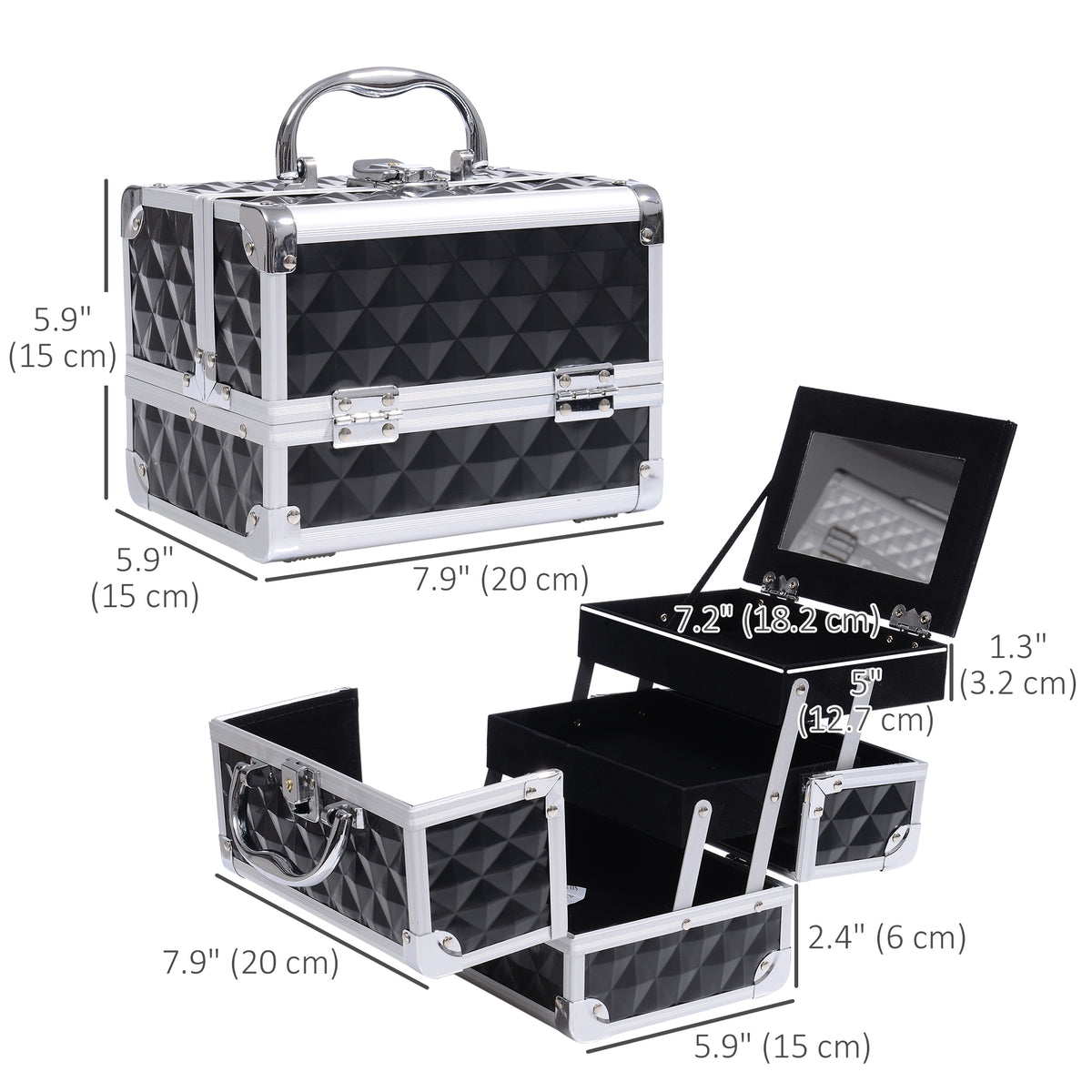 3 Tier Diamond Texture Makeup Train Case Cosmetic Organizer with Mirror, Black – view 2