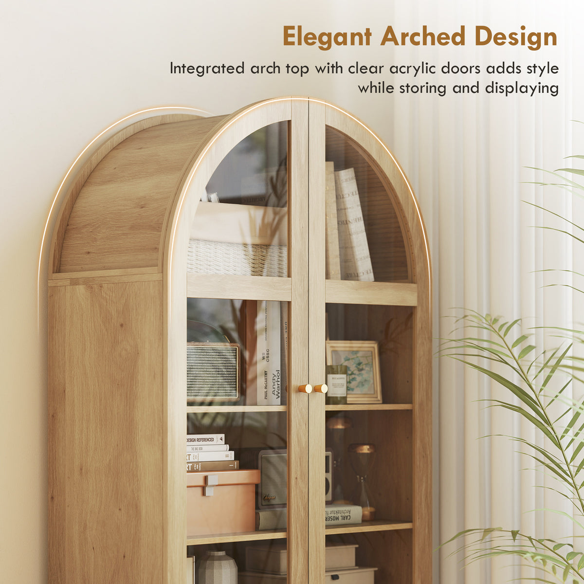 Arched Kitchen Pantry Cabinet, 71" Tall Farmhouse Kitchen Storage Cabinet with Acrylic Glass Doors, Oak – view 3