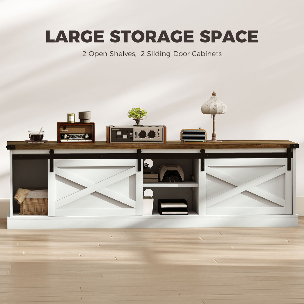 TV Stand for TVs up to 65 Inch, Entertainment Center with Shelves, Cabinets, Sliding Barn Doors, Thick Top, White