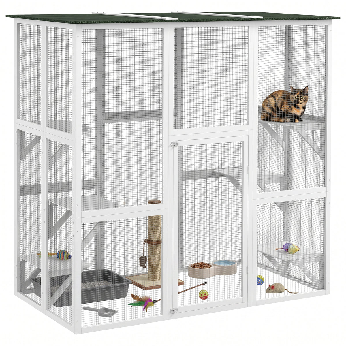 Large Outdoor Catio Enclosure, Weatherproof Cat House with Asphalt Roof,  Wooden Cat Patio Cage with 6 Balanced Platforms, 71" x 39" x 71", Grey