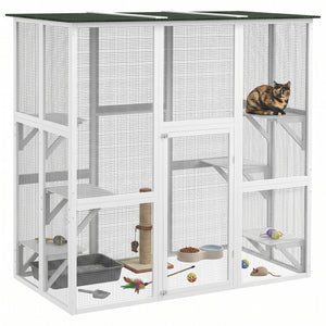 Large Outdoor Catio Enclosure, Weatherproof Cat House with Asphalt Roof,  Wooden Cat Patio Cage with 6 Balanced Platforms, 71" x 39" x 71", Grey
