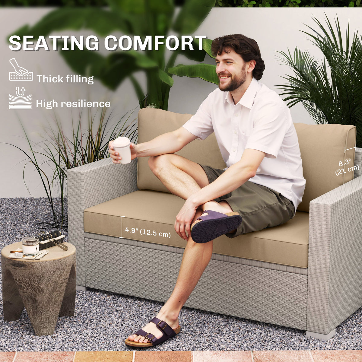 Outdoor Seat Cushions with Backrest, Loveseat Double Sofa Outdoor Furniture Cushions, Beige – view 3