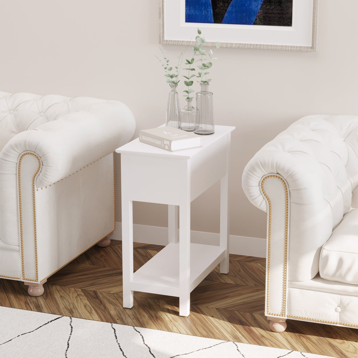 Flip Top End Table, Side Table with Storage Shelf and Cable Management, Narrow Nightstand for Living Room, Bedroom, White