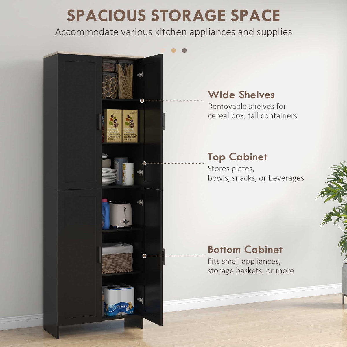 67" 4-Door Kitchen Pantry Cabinet, Freestanding Storage Cabinet Cupboard with Adjustable Shelves, Black – view 3