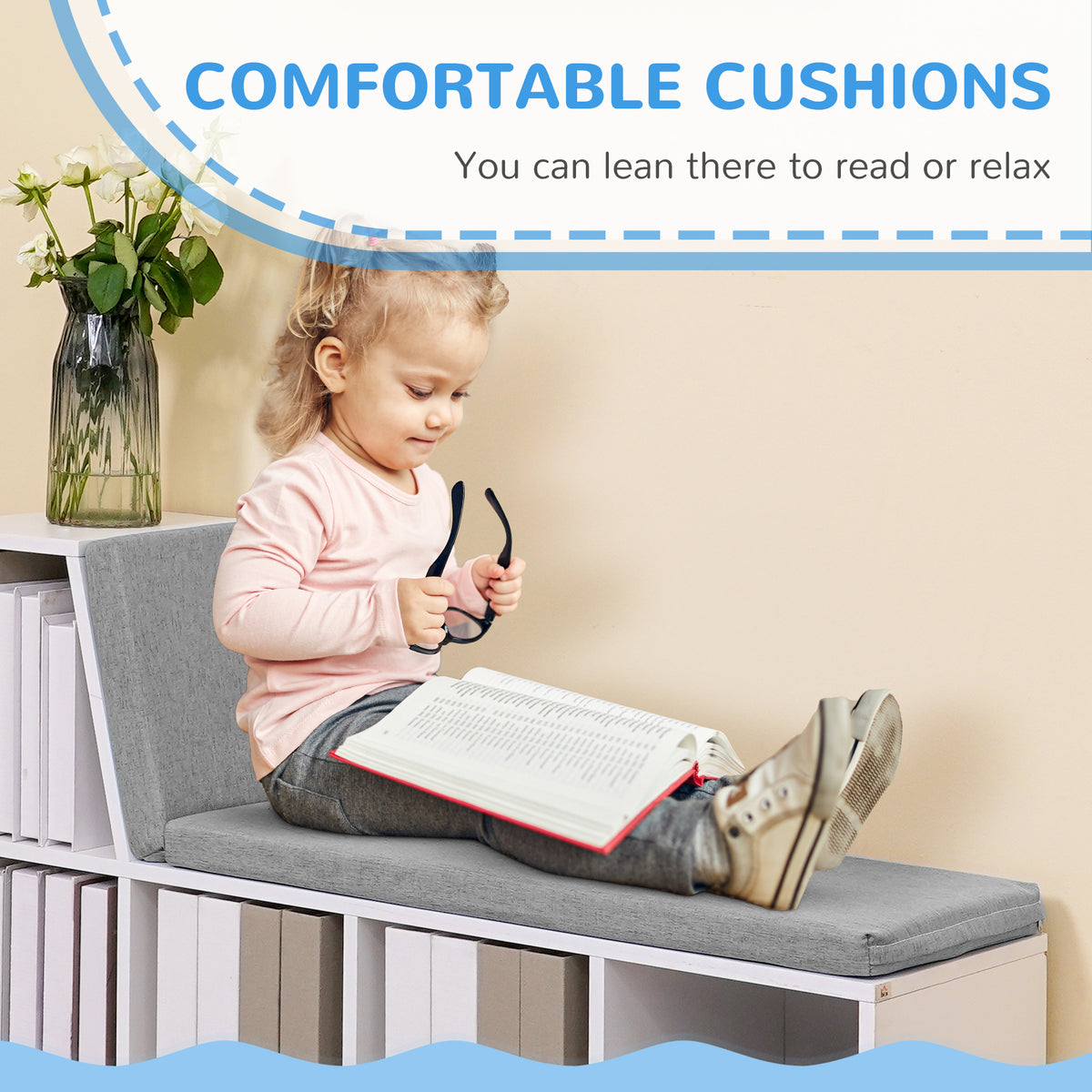 Multi-Purpose Bookshelf with 5 Cubes, 5-Cubby Bookcase with Cushioned Reading Nook and Storage Shelves, Blue – view 12
