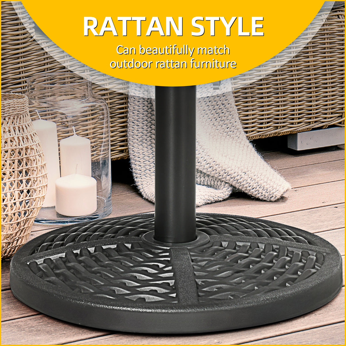 21 lbs Cement Round Market Umbrella Base Holder, 18" Heavy Duty Parasol Stand with Rattan Design for Patio, Black