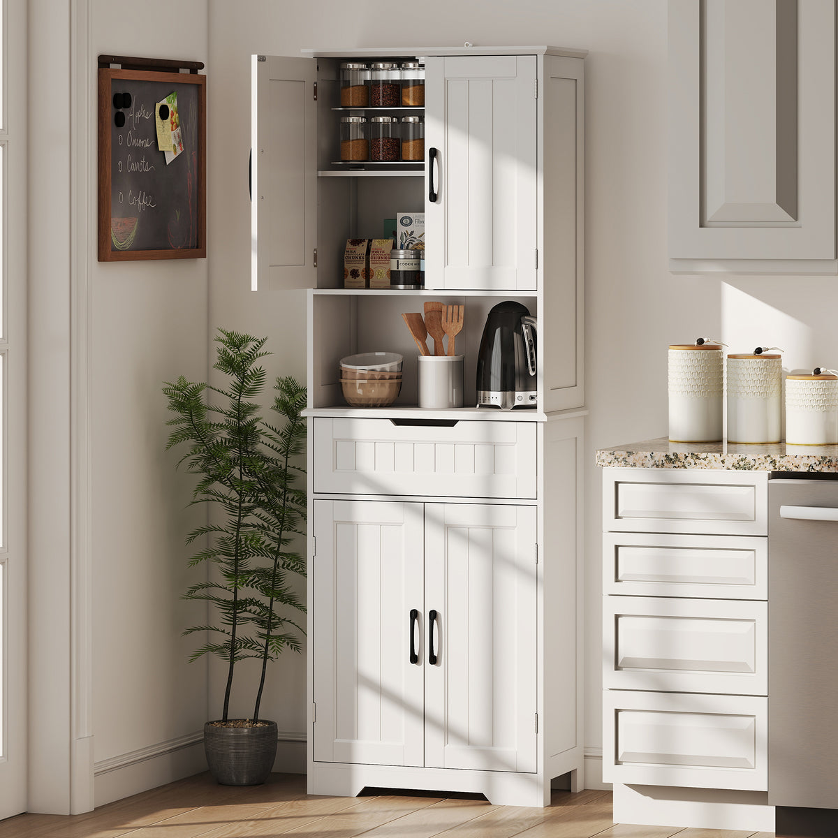 Kitchen Buffet with Hutch, 68" Tall Kitchen Pantry Cabinet with Small Open Counter, 4 Doors, Drawer, White
