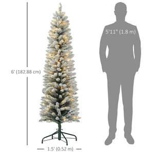 5ft Artificial Prelit Christmas Tree with Warm White LED Light, Snow Flocked Branches, Metal Base, Pencil Xmas Tree