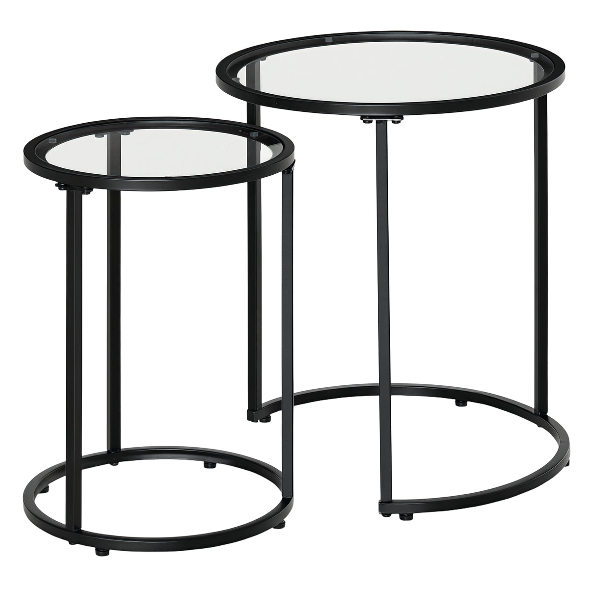 Set of 2 Nesting Coffee Tables with Metal Base, Round Side Table with Tempered Glass Tabletop for Living