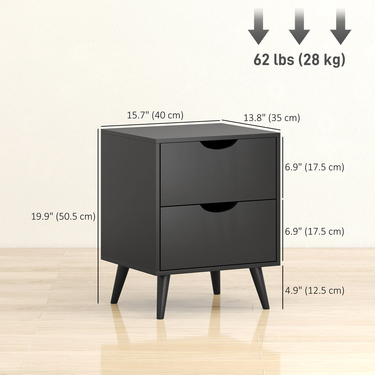 Modern Bedside Table, Nightstand with 2 Drawers and Pine Wood Legs for Bedroom, Living Room, White – view 16