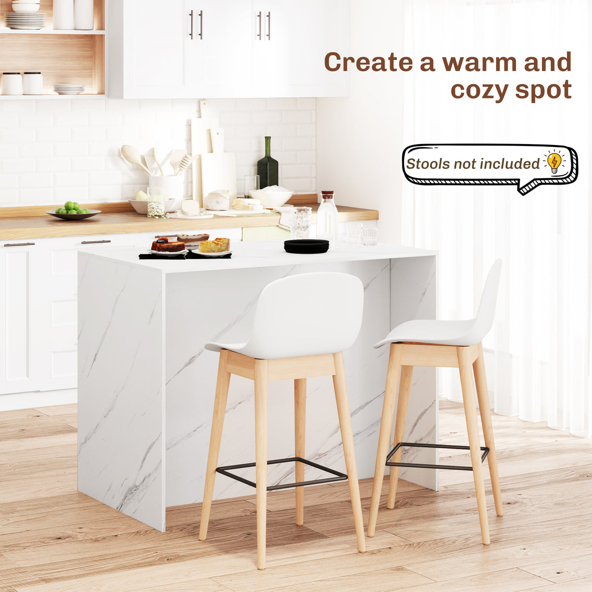 Kitchen Island with Storage Cabinet, 4 Drawers and Adjustable Shelf for Dining Room, Faux Marble Effect and White