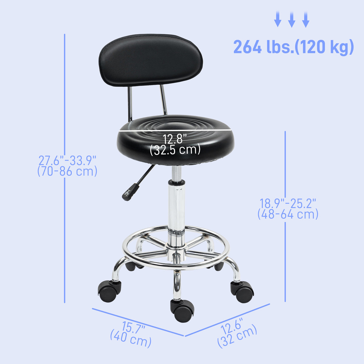 Adjustable Stool, Rolling Stool, 360° Rotate, with Backrest and Wheels, Black