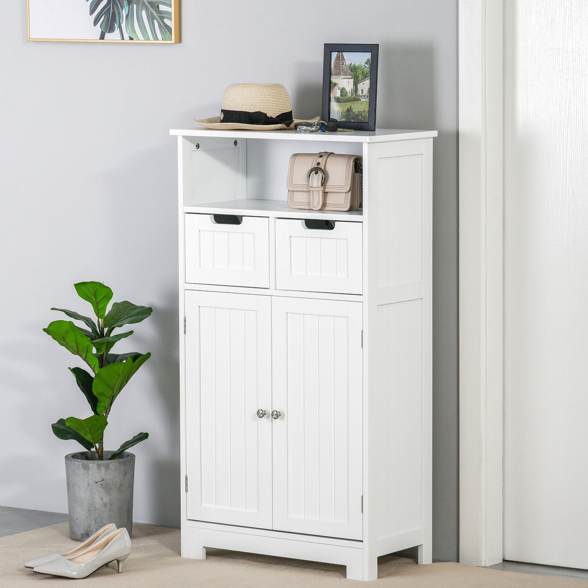 Freestanding Bathroom Cabinet with Adjustable Shelf and Drawers, Small Cabinet for Bathroom, Living Room, White