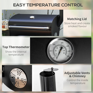 Charcoal Barbecue Grill, BBQ with Thermometer, Shelves and Wheels, Black