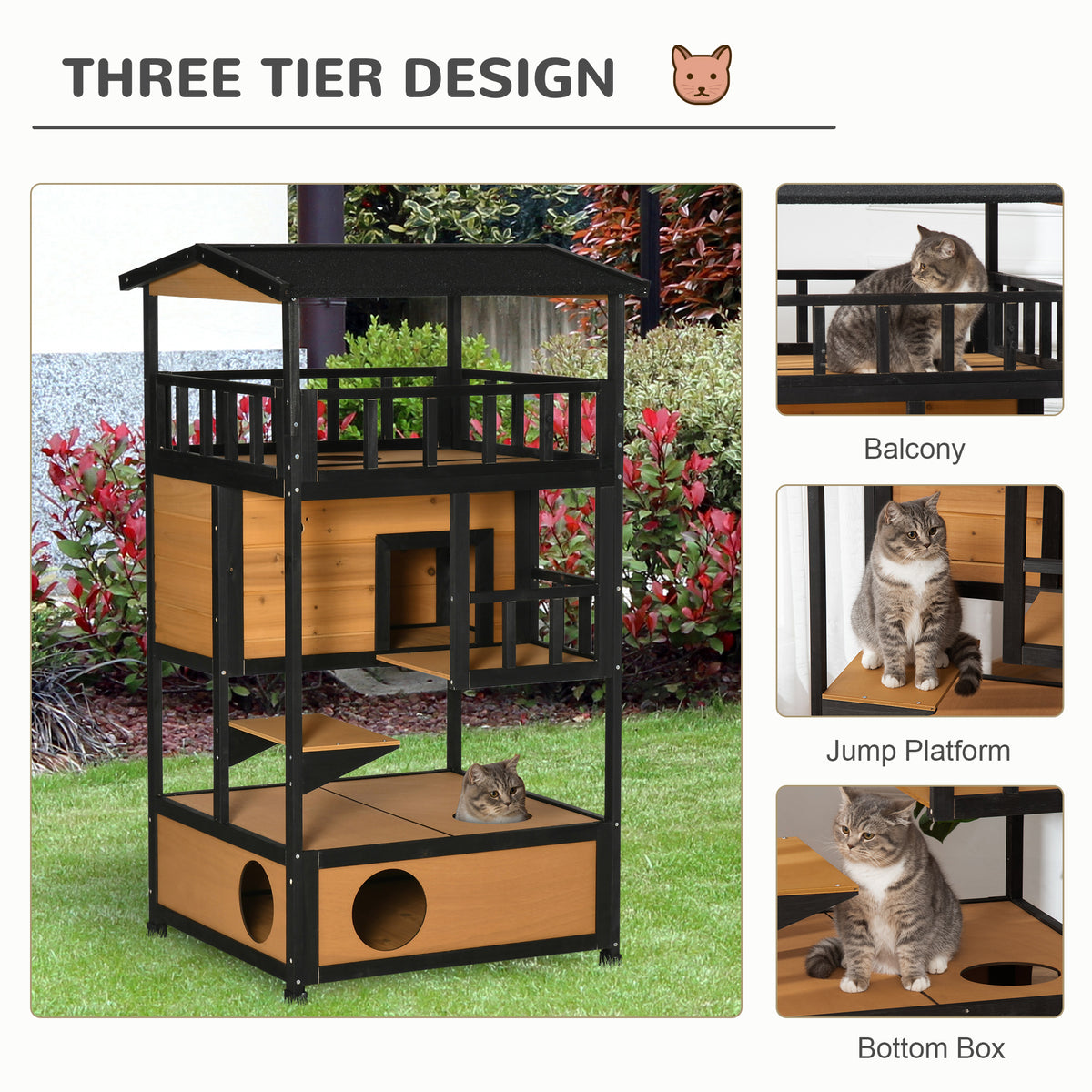 4-Floor Wood Outdoor Cat House Catio for Cats with Condo, Fun Entrances, Perch, Grey – view 10