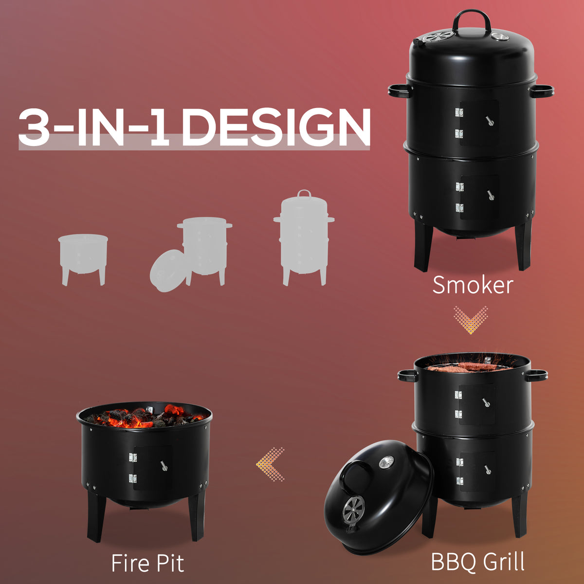 3-in-1 Vertical Charcoal BBQ Smoker, 16" Round Barbecue Grill with 2 Cooking Areas and Thermometer, Black