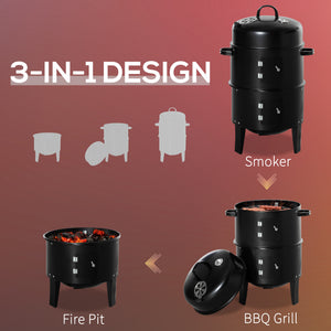 3-in-1 Vertical Charcoal BBQ Smoker, 16" Round Barbecue Grill with 2 Cooking Areas and Thermometer, Black
