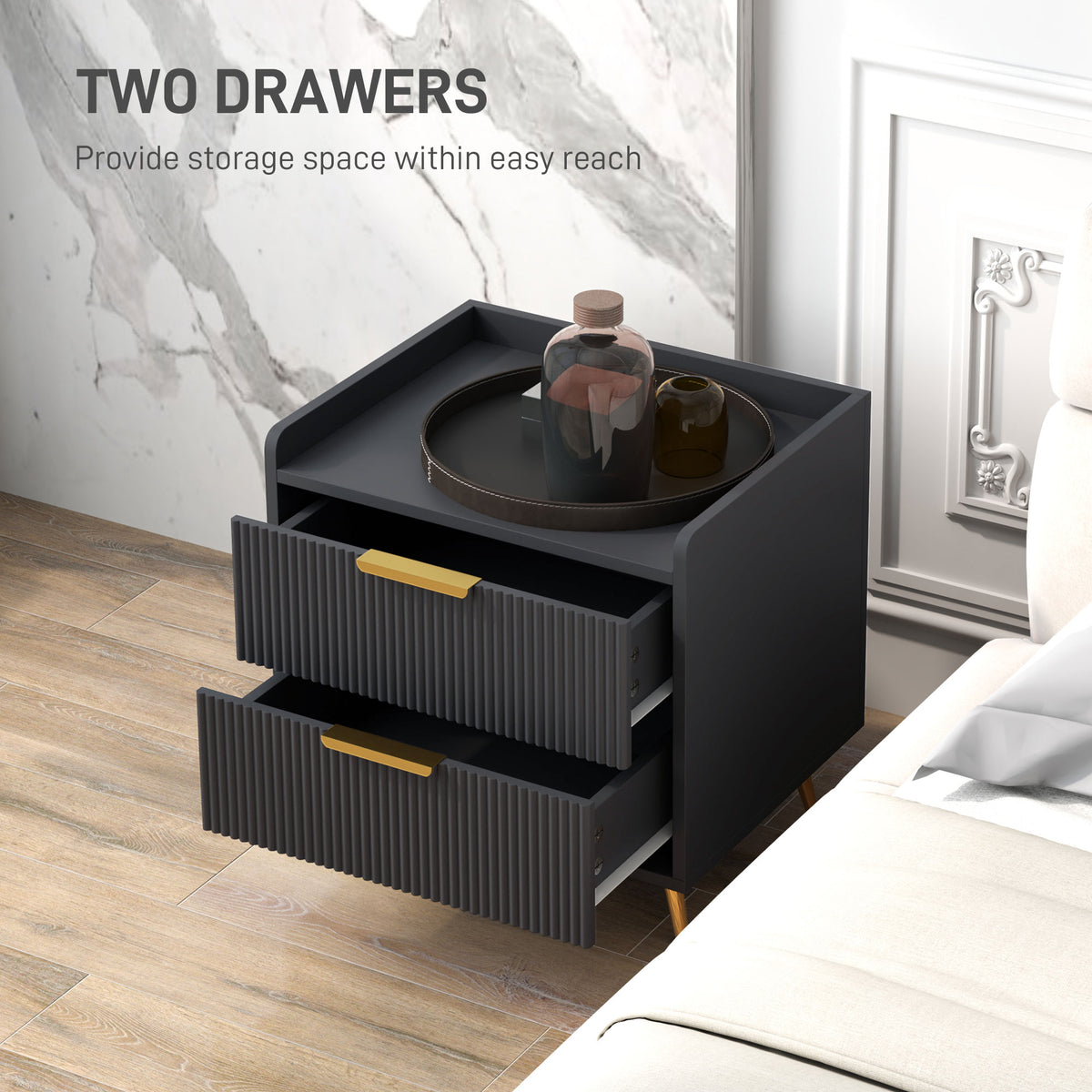 Bedside Table, Nightstand with 2 Drawers, Side End Table with Metal Legs for Bedroom, Black – view 3