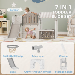 Qaba 7-in-1 Toddler Slide, Kids Slide Climber Playset with Playhouse and Basketball Hoop for 1-4 Years