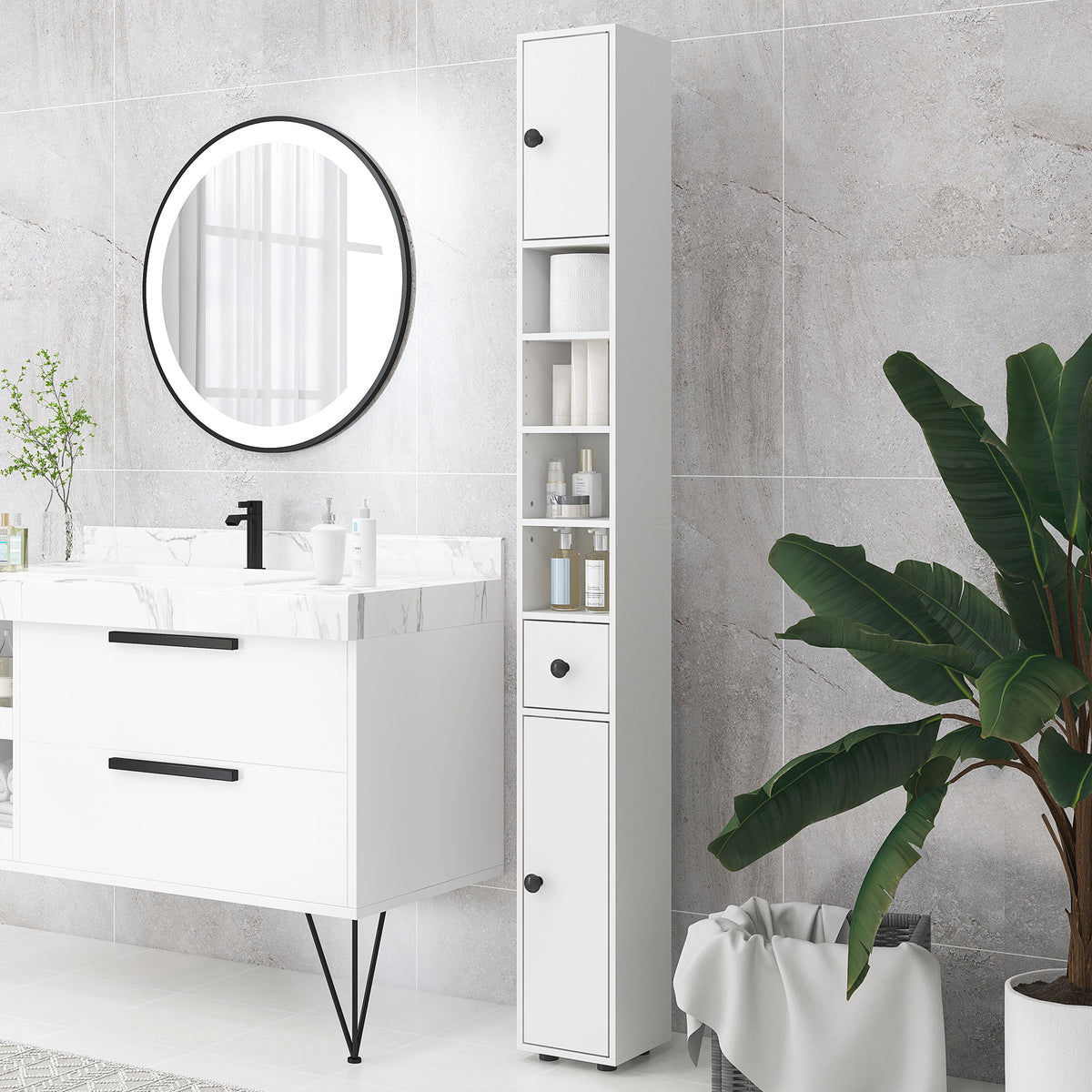 71" Tall Bathroom Cabinet, Narrow Toilet Paper Cabinet with Open Shelves, 2 Door Cabinets, Adjustable Shelves, Black