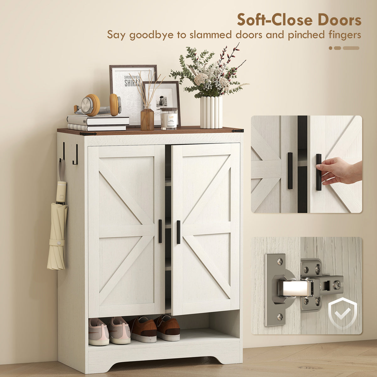 5-Tier Shoe Storage Cabinet for 15 Pairs, Freestanding Farmhouse Shoe Cabinet, White