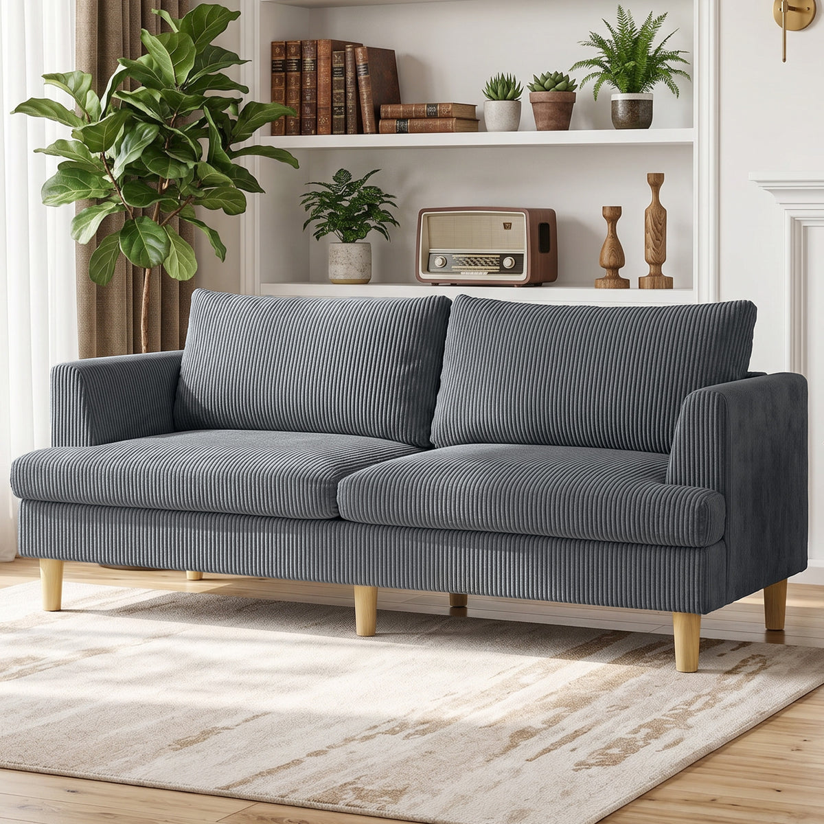 3 Seater Sofa, 74" Modern Corduroy Upholstered Couch with Thick Spring Cushions, Solid Wood Legs, Armrests – view 14