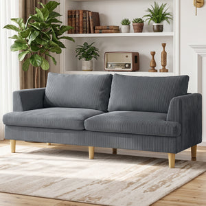 3 Seater Sofa, 74" Modern Corduroy Upholstered Couch with Thick Spring Cushions, Solid Wood Legs, Armrests – view 14