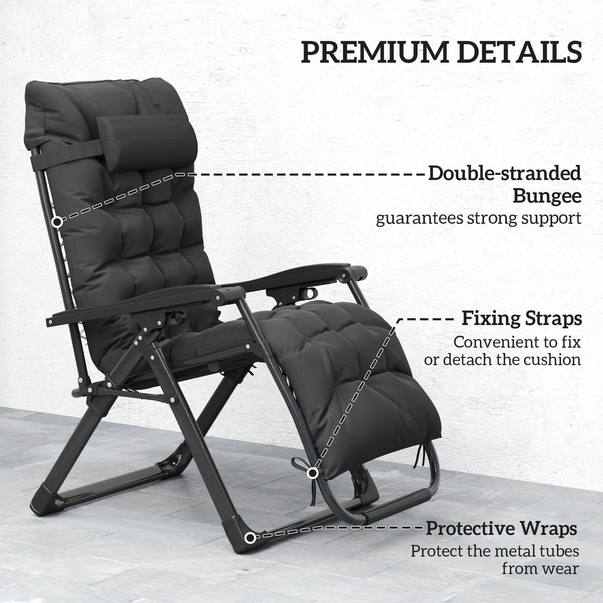 Folding Garden Chair, Reclining Zero Gravity Chair, Sun Lounger with Cushion and Headrest, Black