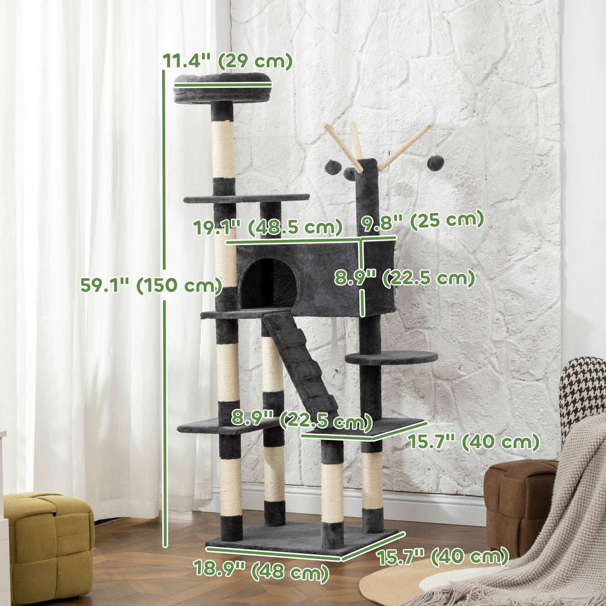 59 Inch Large Cat Tree with Sisal Scratching Posts, Cozy Condo, Top Perch, Ladder and Interactive Balls, Dark Grey