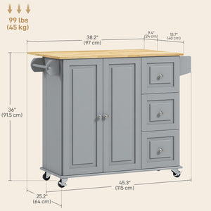 Kitchen Island on Wheels, Kitchen Cart with Drop Leaf, Drawers, Grey – view 2