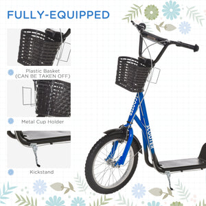 Aosom Kick Scooter with Adjustable Handlebar, Kids Scooter with 2 Brakes Basket Cupholder 16" Inflatable Rubber Tyres