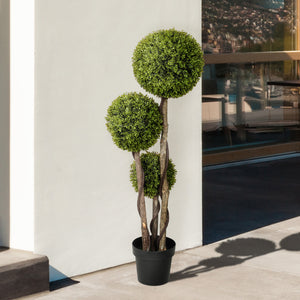 45 Inch Potted Fake Plant, Artificial Boxwood Topiary Tree, Triple Ball Tree for Indoor and Outdoor, Green