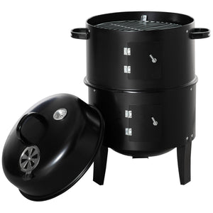 3-in-1 Vertical Charcoal BBQ Smoker, 16" Round Barbecue Grill with 2 Cooking Areas and Thermometer, Black