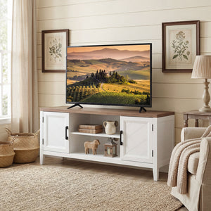TV Stand for TVs up to 55 Inch, Entertainment Center with 2 Open Shelves, 2 Cabinets, Thick Top, White and Brown