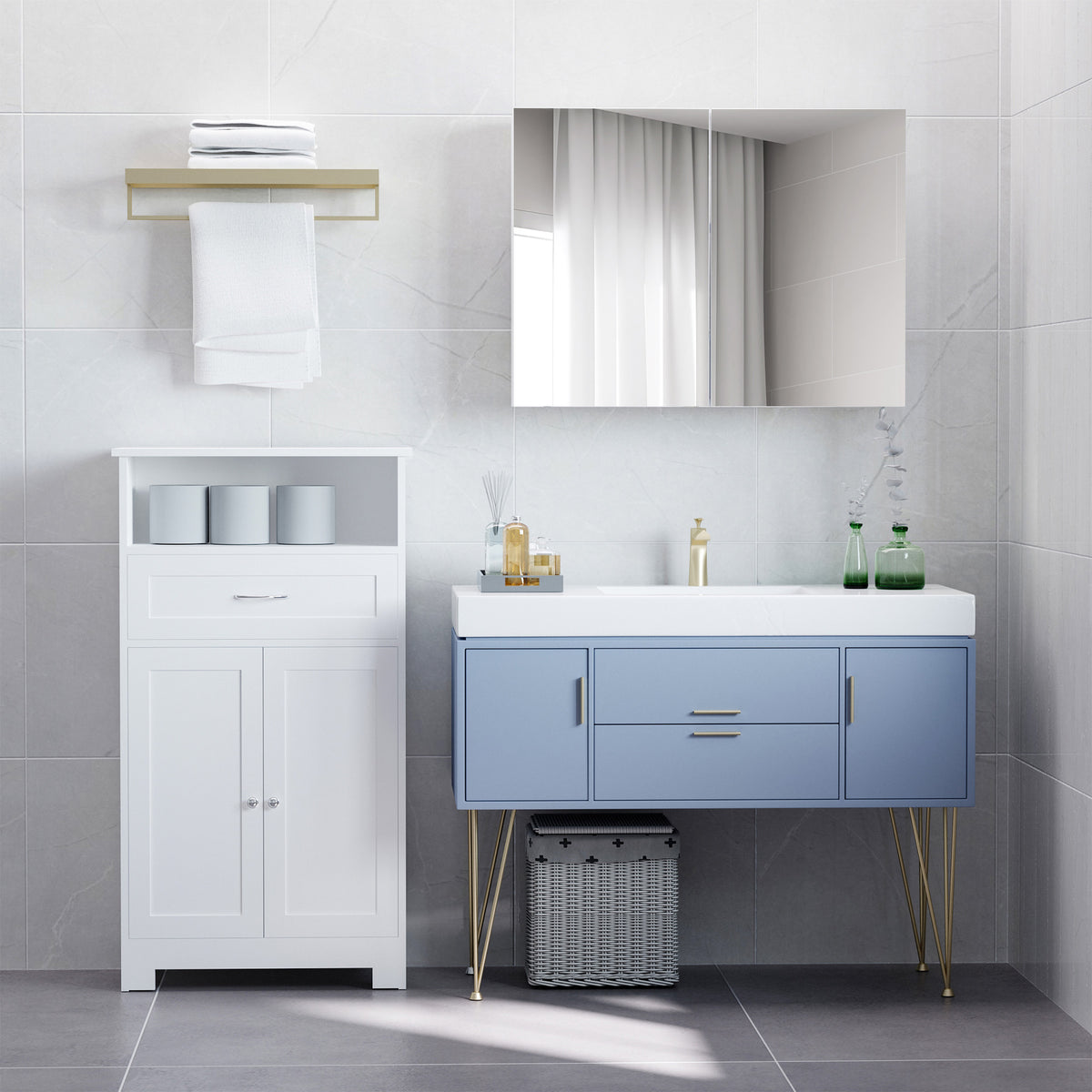 Bathroom Mirror Cabinet, Wall-Mounted Storage Organizer with Double Doors, Adjustable Shelf, White – view 7
