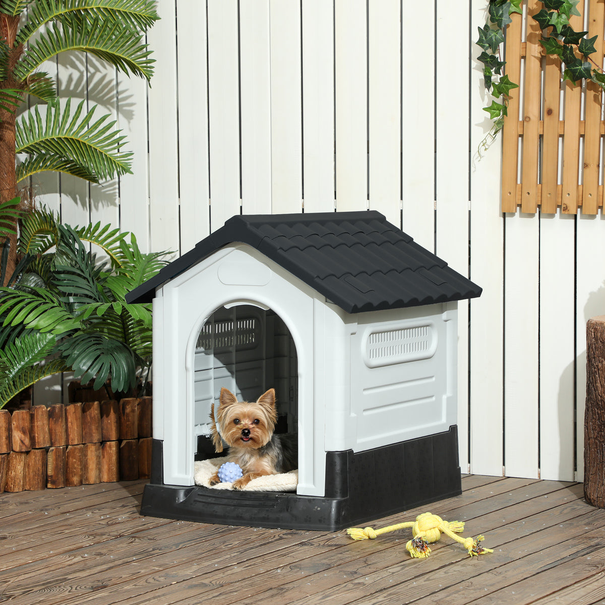 Outside Dog Kennel House with Windows, Base Support, for Garden Patio, Miniature Dogs, 64.5 x 57 x 66cm – view 14