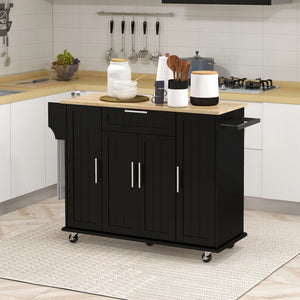 Modern Rolling Kitchen Island Cart with Drawers, Natural Wood Top, Towel Rack, Door Storage Cabinet, Black – view 7