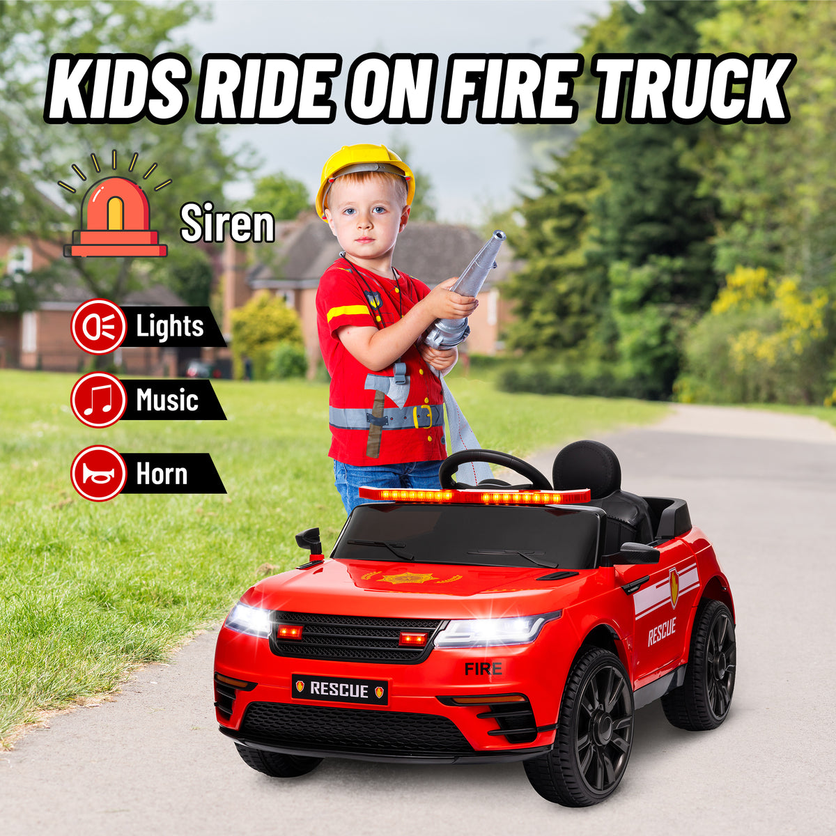 Qaba 12V Kids Electric Fire Truck w/ Remote Control, Spring Suspension, Transport Wheel, Siren, Music, Light, Horn, Red